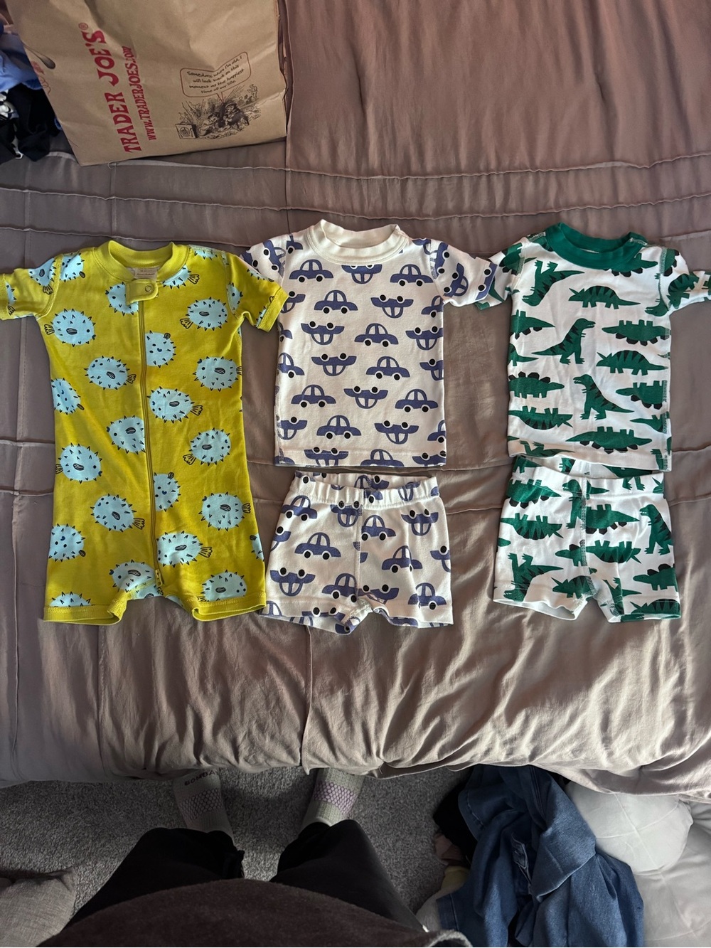 Hanna Andersson Yellow Hedgehog, White Car & White Green Dino Pajama Sets
